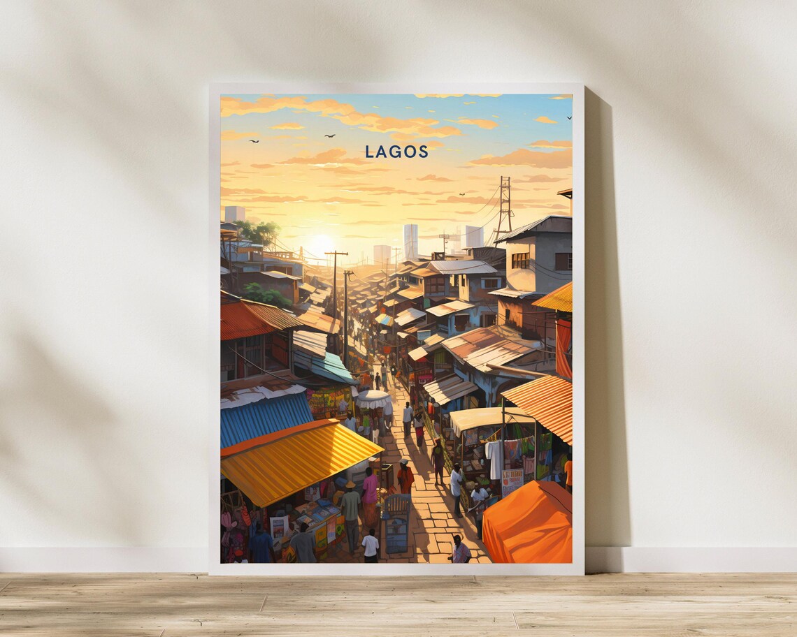 Lagos Nigeria Bustling Market Street Sunset Urban Art Poster