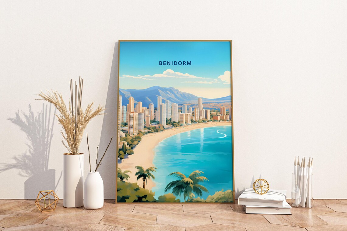 Benidorm Spain Coastal Skyline Golden Beach Vintage Travel Poster