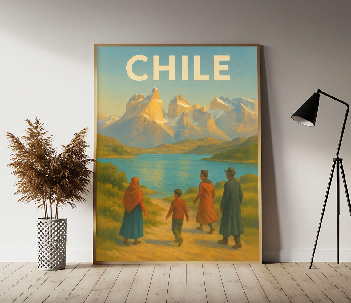 Chile Torres del Paine Lakeside Family Trek Patagonia Travel Poster
