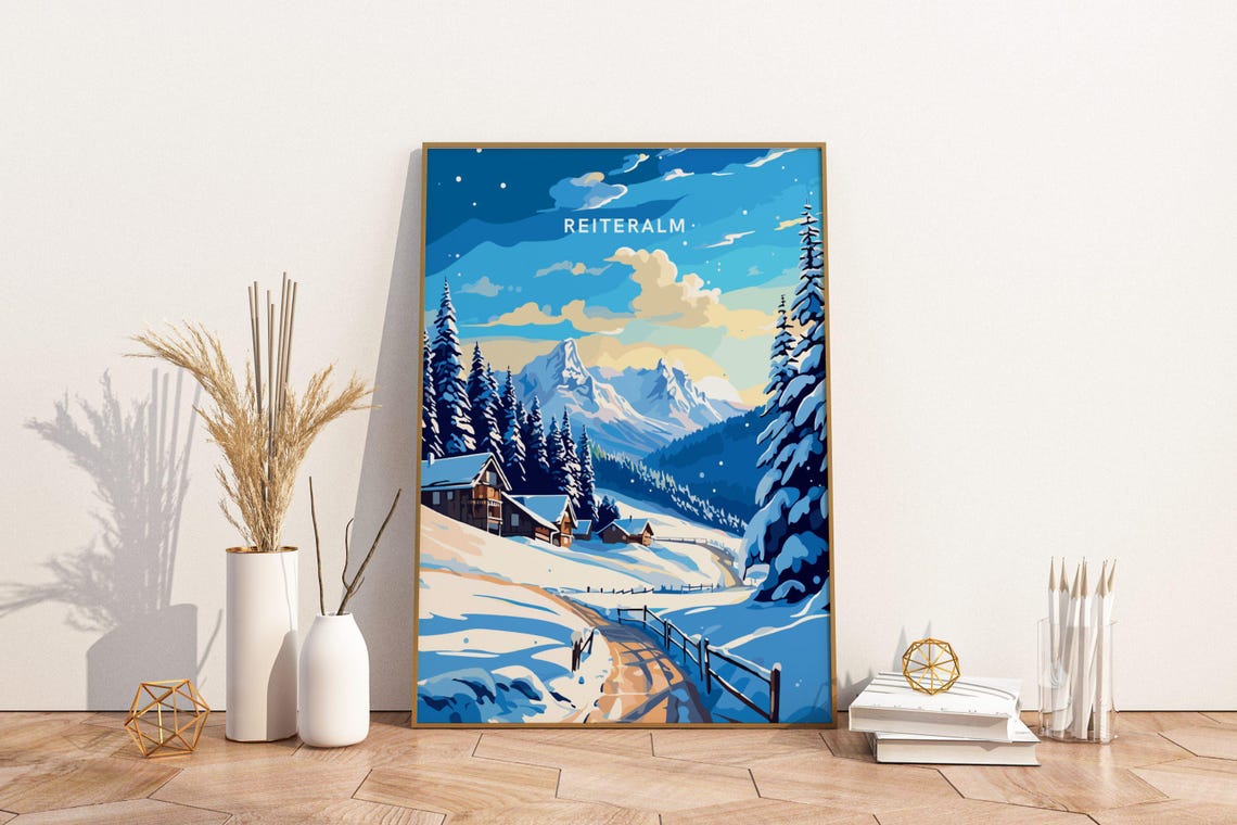 Reiteralm Austria Snowy Alps Cabin Winter Travel Poster With Pines