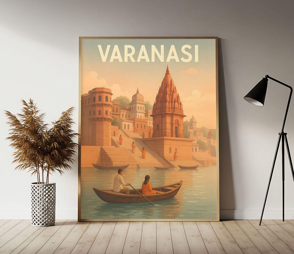 Varanasi India Vintage Travel Poster with Ganges Ghats Temples