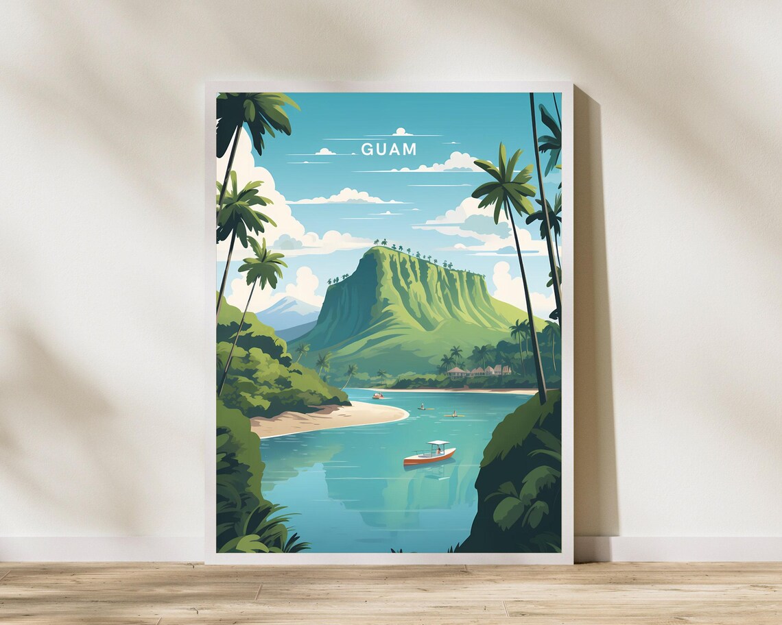 Sunny Guam Island Green Hill Lagoon Boat Tropical Travel Poster