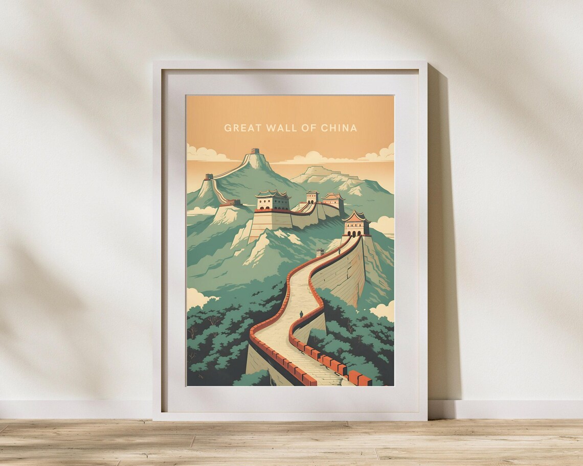 Great Wall of China Mountain Ridge Watchtowers Vintage Travel Poster
