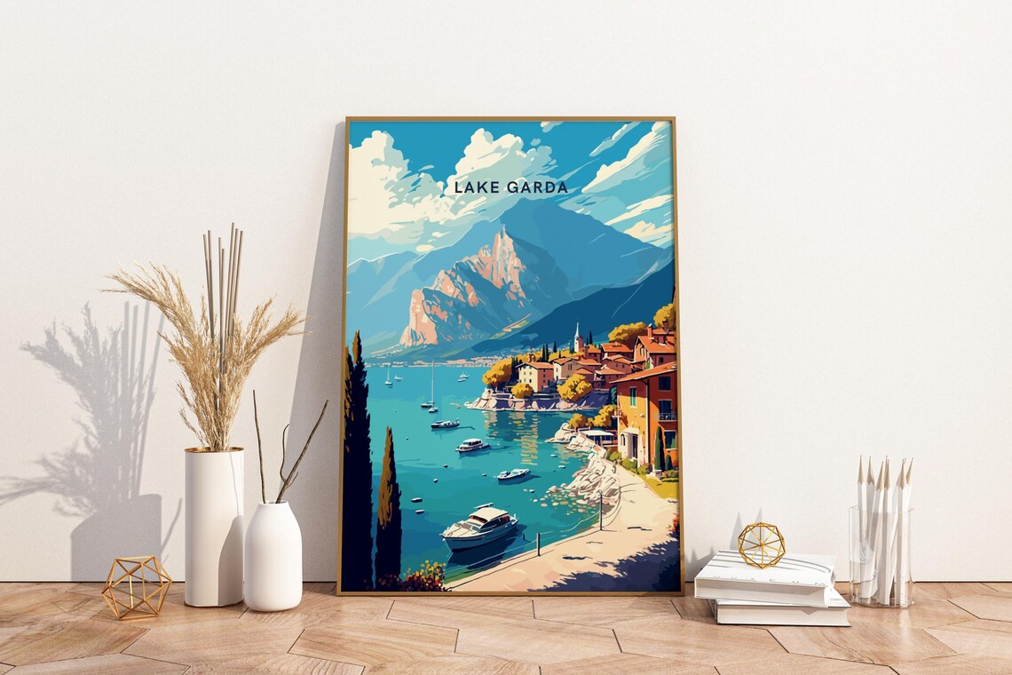 Lake Garda Italy Vintage Travel Poster With Lakeside Boats And Hills