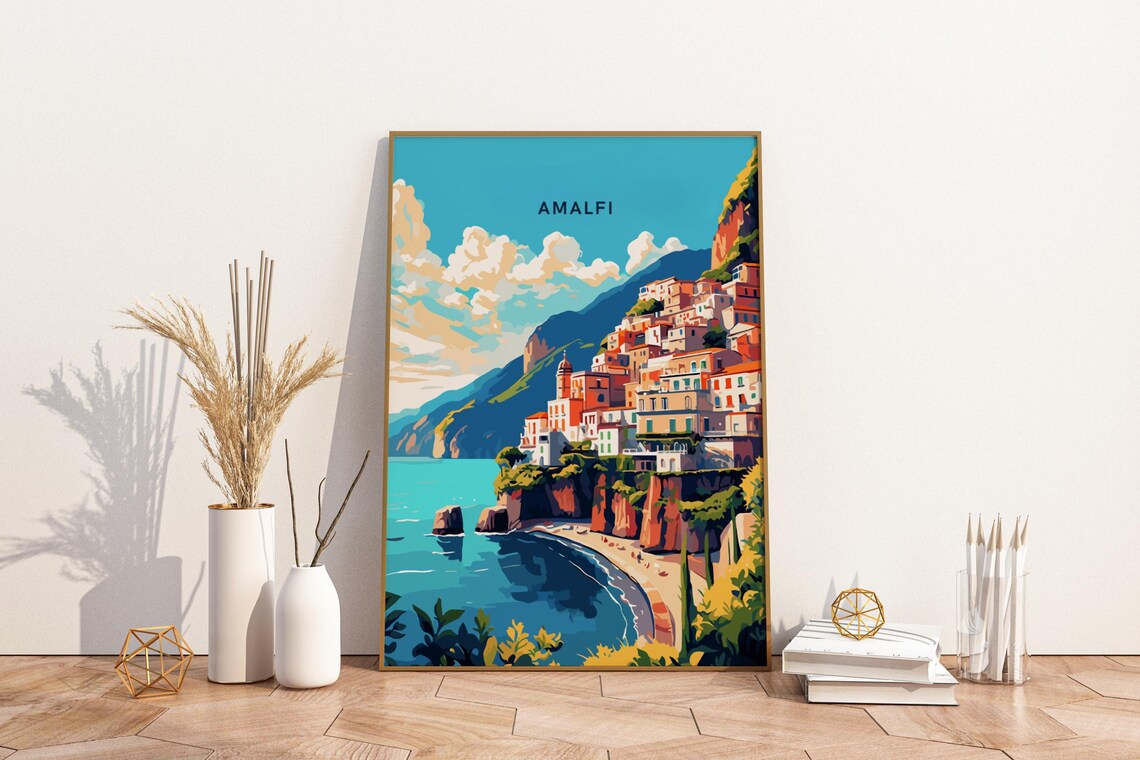 Amalfi Italy Colorful Coastal Town Cliffs Beach Travel Poster