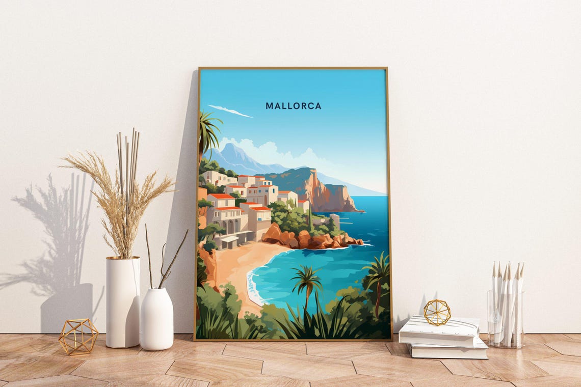 Mallorca Spain Coastal Town Beach Cliffs Vintage Travel Poster