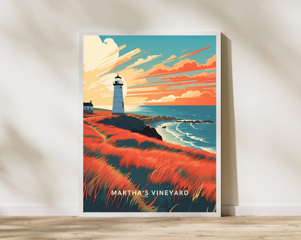 Martha's Vineyard Lighthouse Sunset Coastal Cliffs Travel Poster