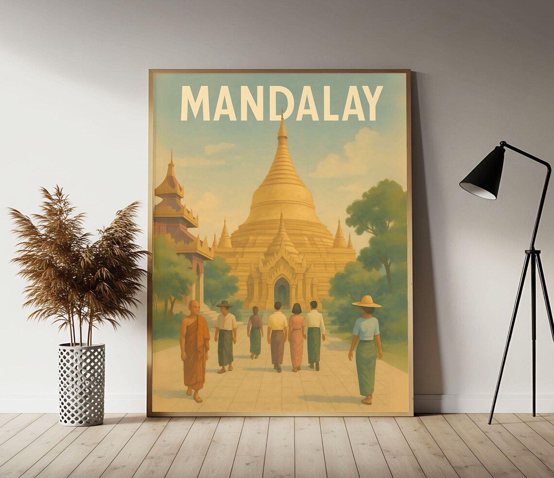 Mandalay Myanmar Golden Temple Pagoda Vintage Style Travel Poster
