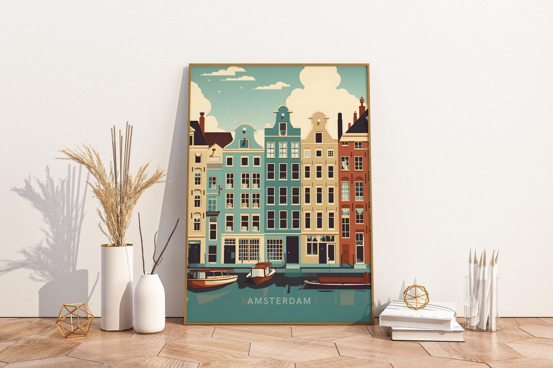 Amsterdam Netherlands Colorful Canal Houses Waterfront Travel Poster