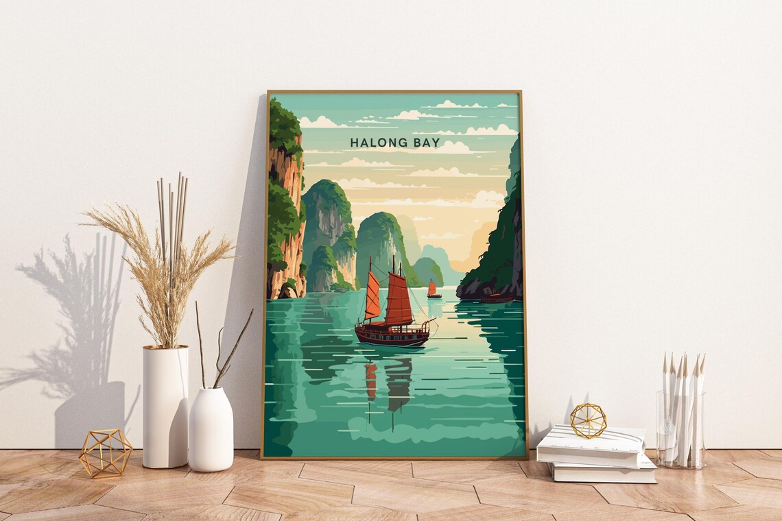 Halong Bay Vietnam Junk Boat Limestone Karsts Vintage Travel Poster