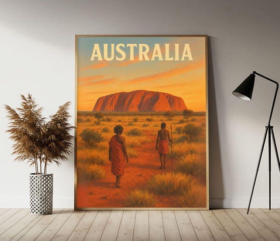 Australia Ayers Rock At Sunset Travel Poster Wall Art Print Vintage Decor
