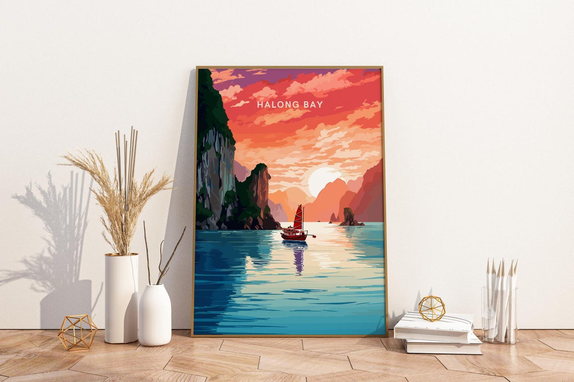 Halong Bay Vietnam Sunset Junk Boat Limestone Karsts Travel Poster
