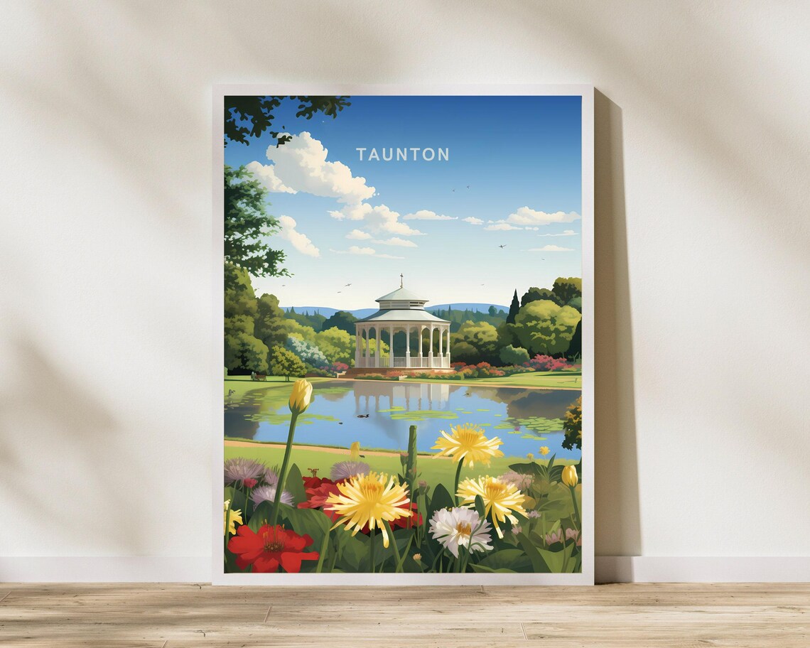 Taunton England Flower Garden Lake Pavilion Illustrated Travel Poster