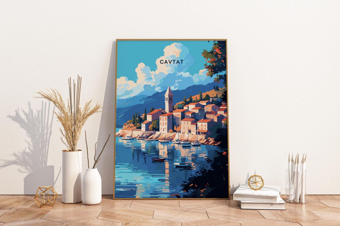 Cavtat Croatia Harbor Old Town Seafront Vintage Travel Poster