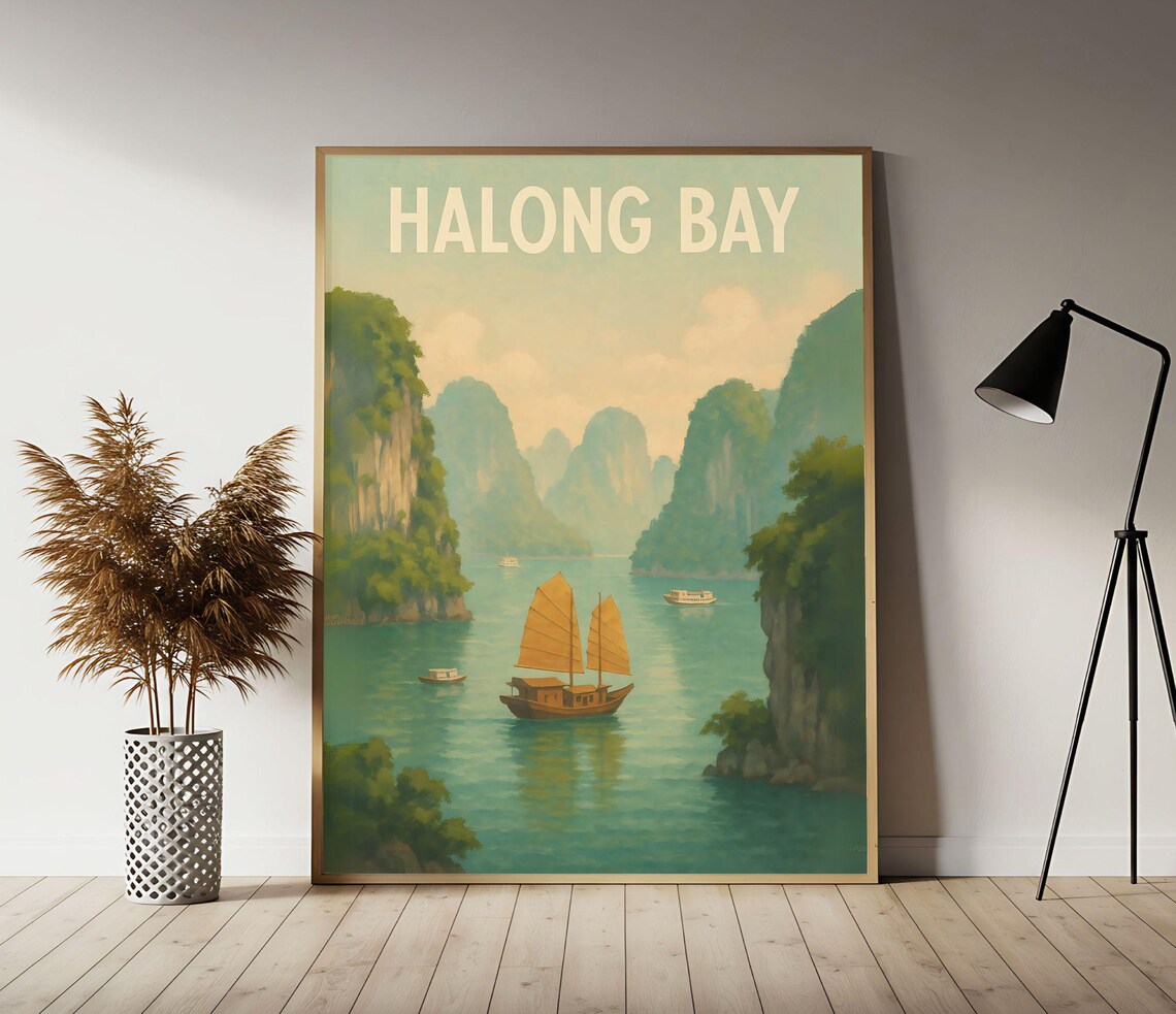 Halong Bay Sailing Junk Boat Limestone Karsts Vintage Travel Poster