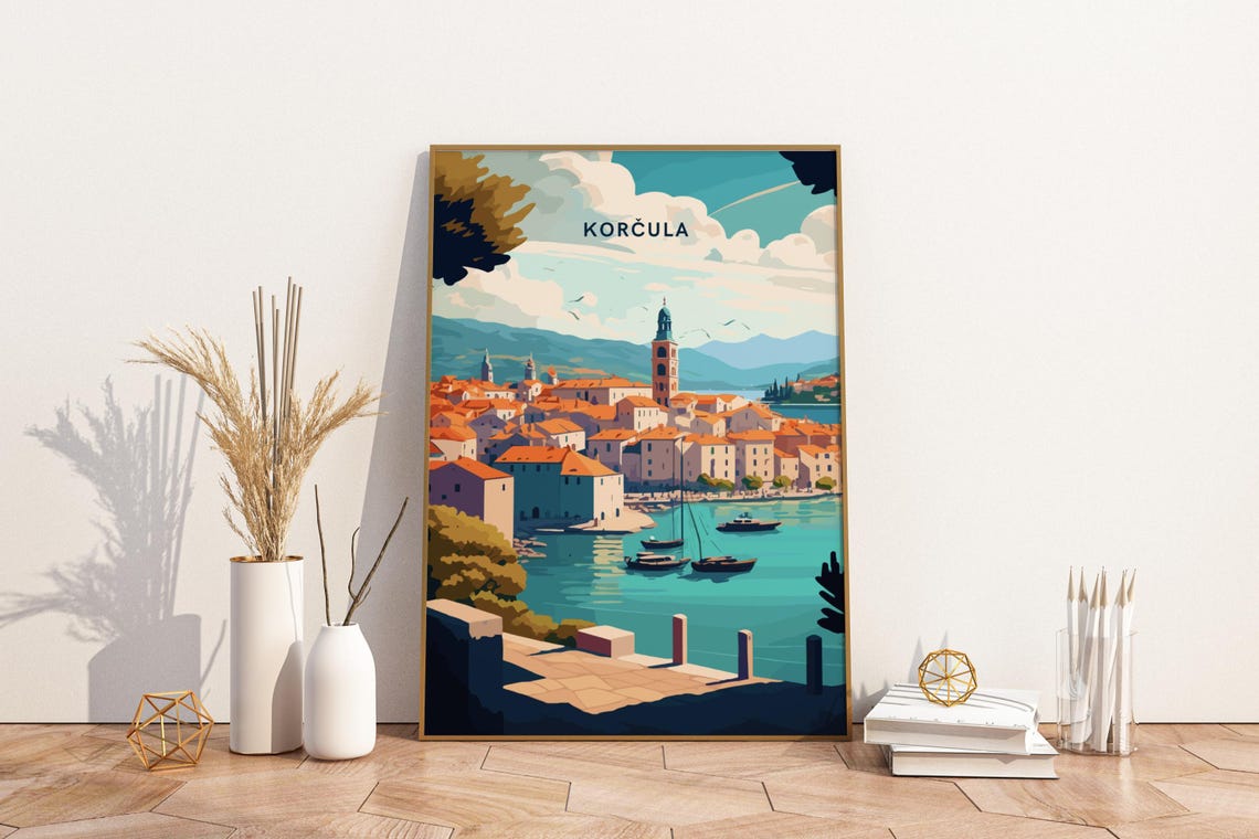 Korcula Croatia Old Town Harbor Sunset Vintage Travel Poster