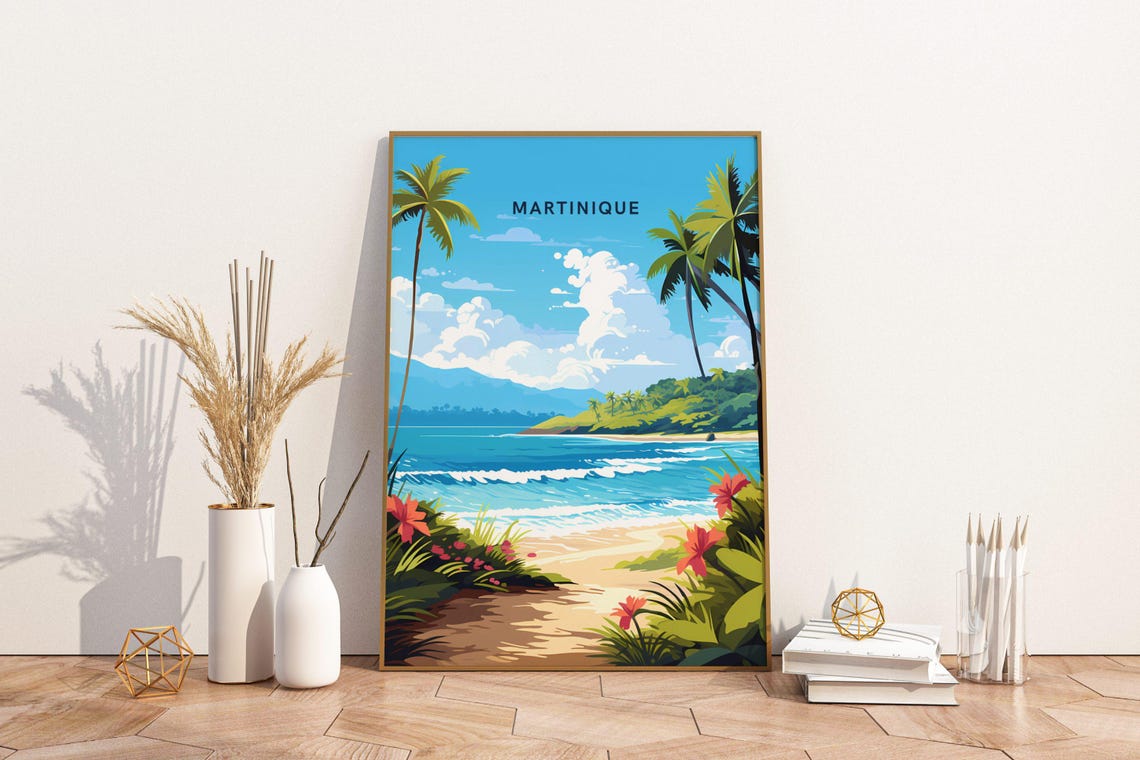 Martinique Tropical Beach with Palm Trees Vintage Travel Poster