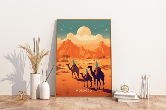 Morocco Desert Camel Caravan Under Big Moon Vintage Travel Poster