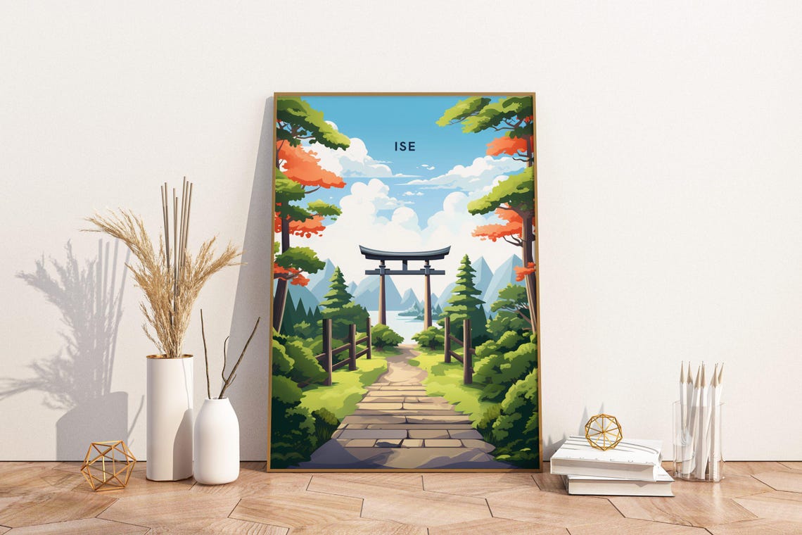 Ise Japan Torii Gate Stone Path Forest Serene Vintage Travel Poster