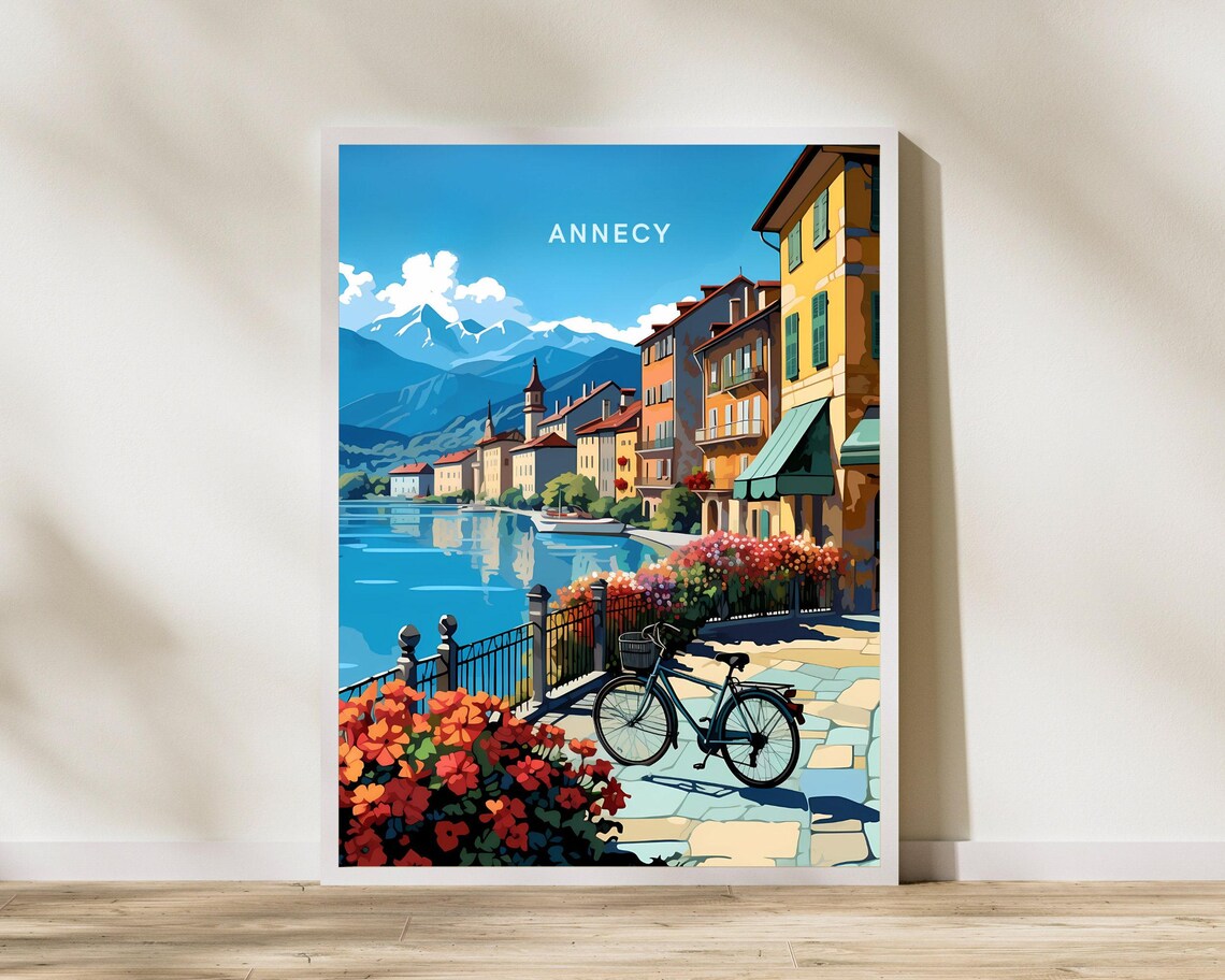 Annecy France Lakeside Flowers Bicycle Mountains Village Travel Poster