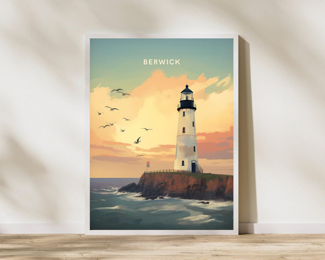 Berwick Lighthouse Rocky Coast Sunset Seabirds Travel Poster