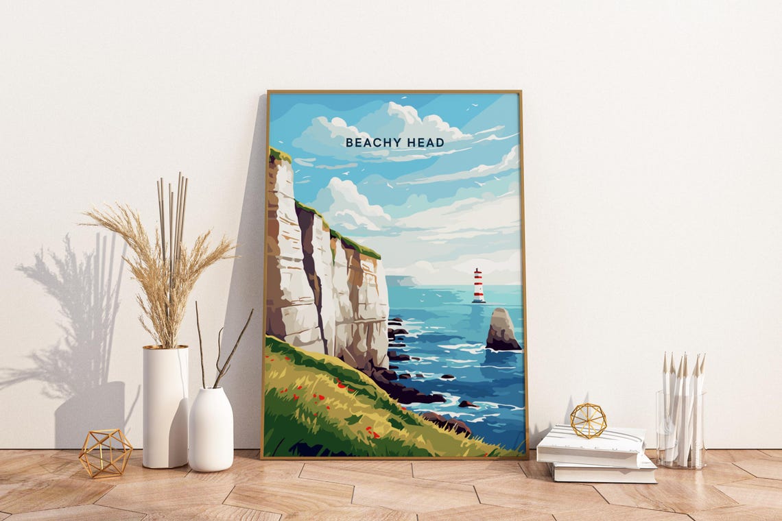 Beachy Head England White Cliffs Lighthouse Coastal Travel Poster