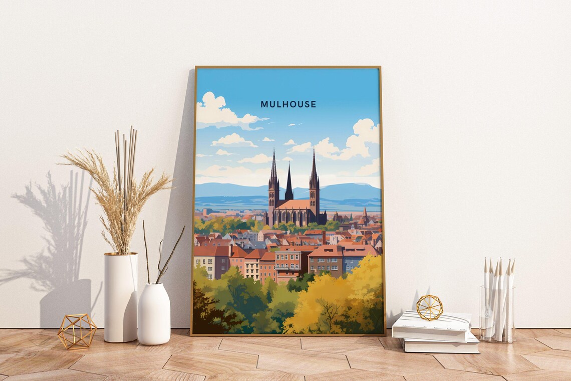 Mulhouse France Twin Spired Church Old Town Travel Art Poster