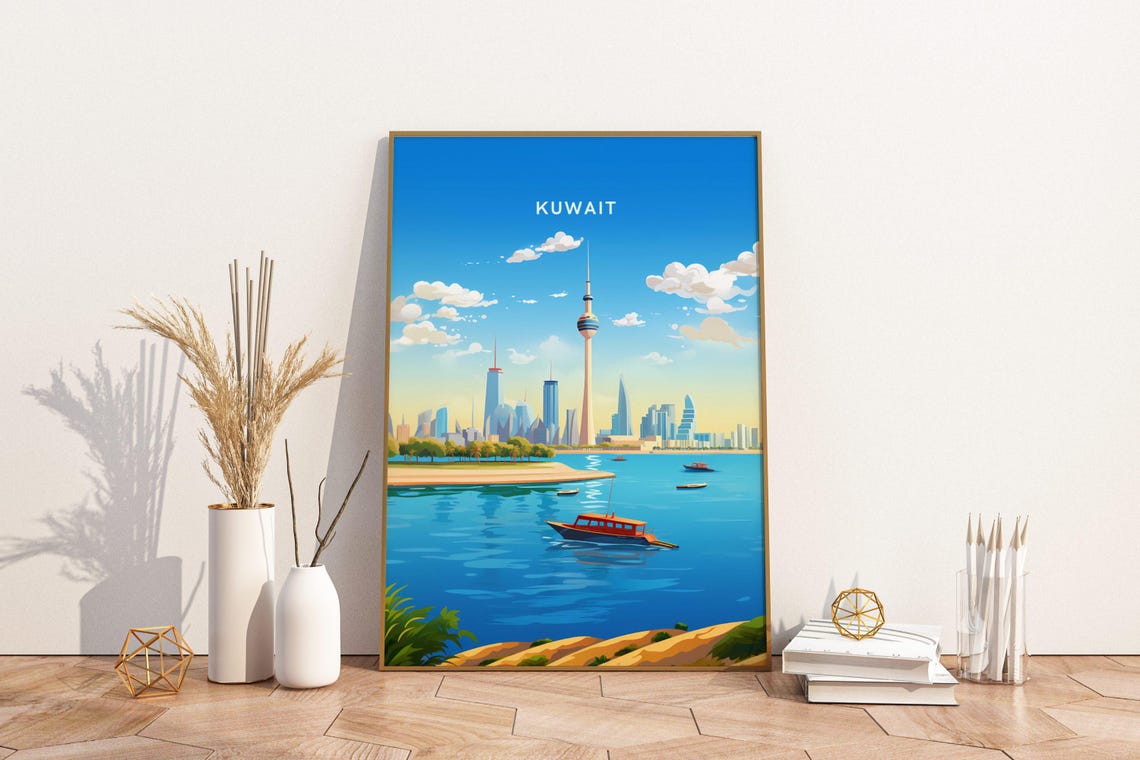 Kuwait City Modern Skyline Tower Waterfront Vintage Travel Poster
