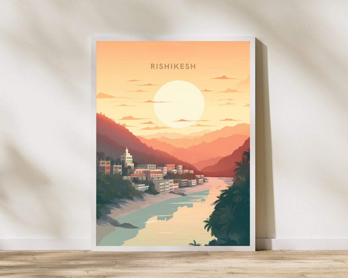 Rishikesh India Sunrise Riverside Town Mountain Travel Poster