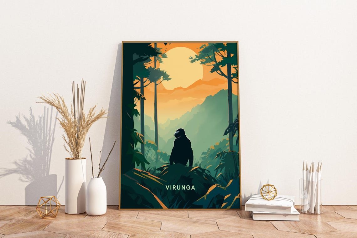 Virunga National Park Gorilla Silhouette at Sunrise Jungle Poster