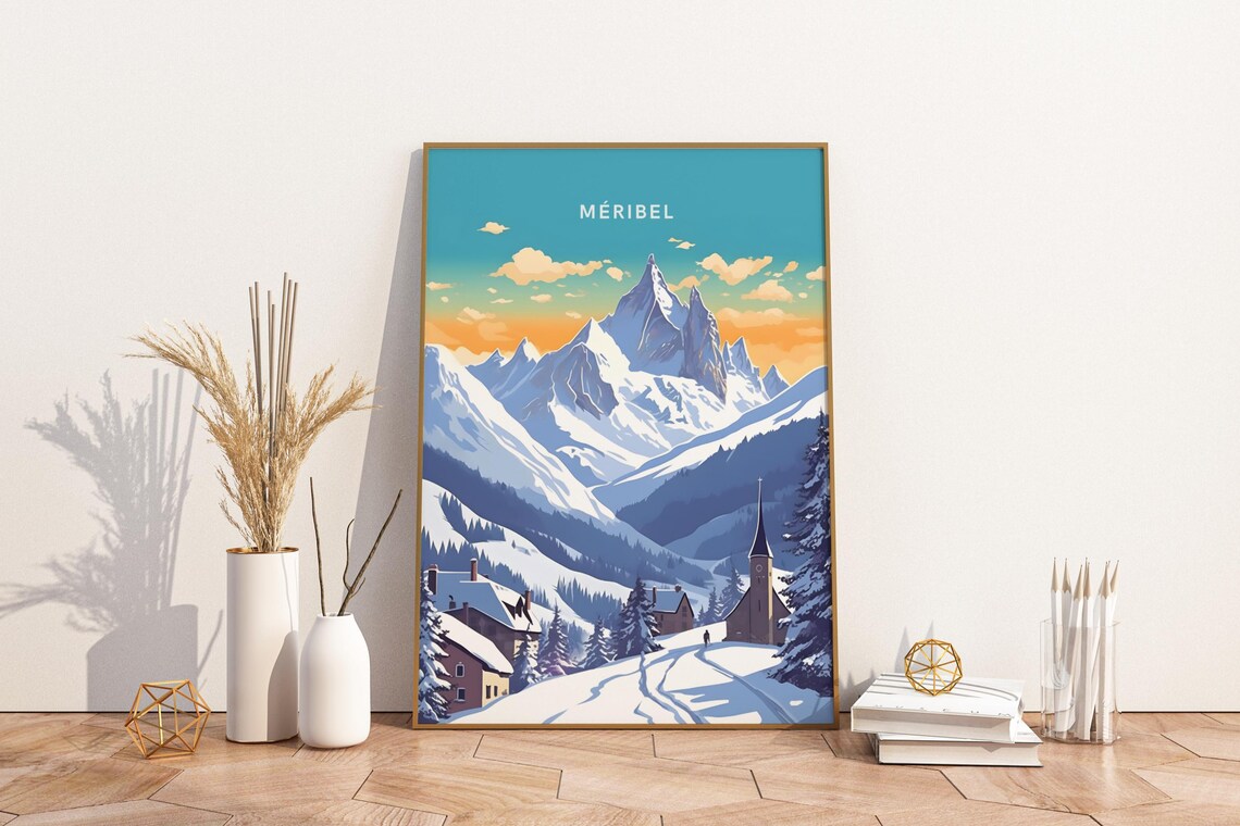 Meribel France Alpine Ski Village Snowy Peaks Church Winter Art Poster