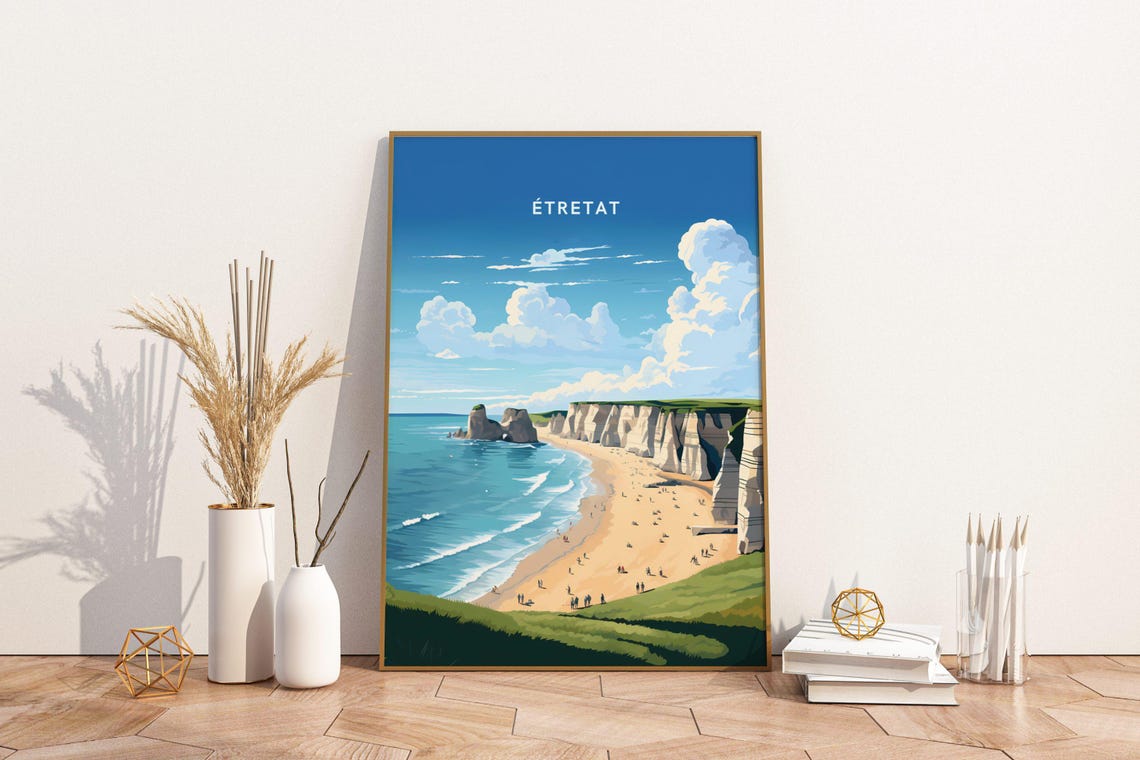 Étretat France White Chalk Cliffs Beach Scene Retro Travel Poster