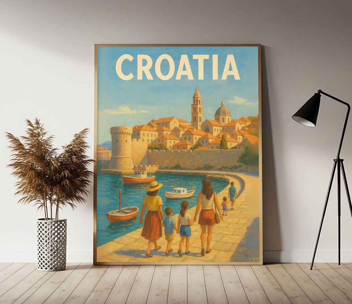 Croatia Dubrovnik Old Town Harbor Family Walk Vintage Travel Poster