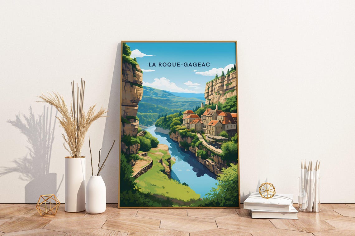 La Roque-Gageac Travel Poster with Riverside Village and Cliff Views