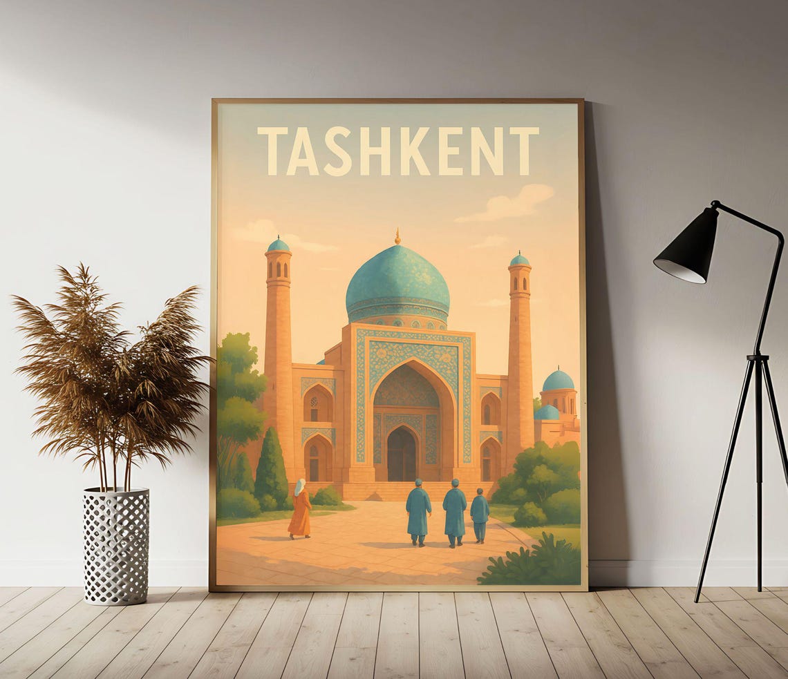 Tashkent Uzbekistan Travel Poster with Turquoise Dome Mosque
