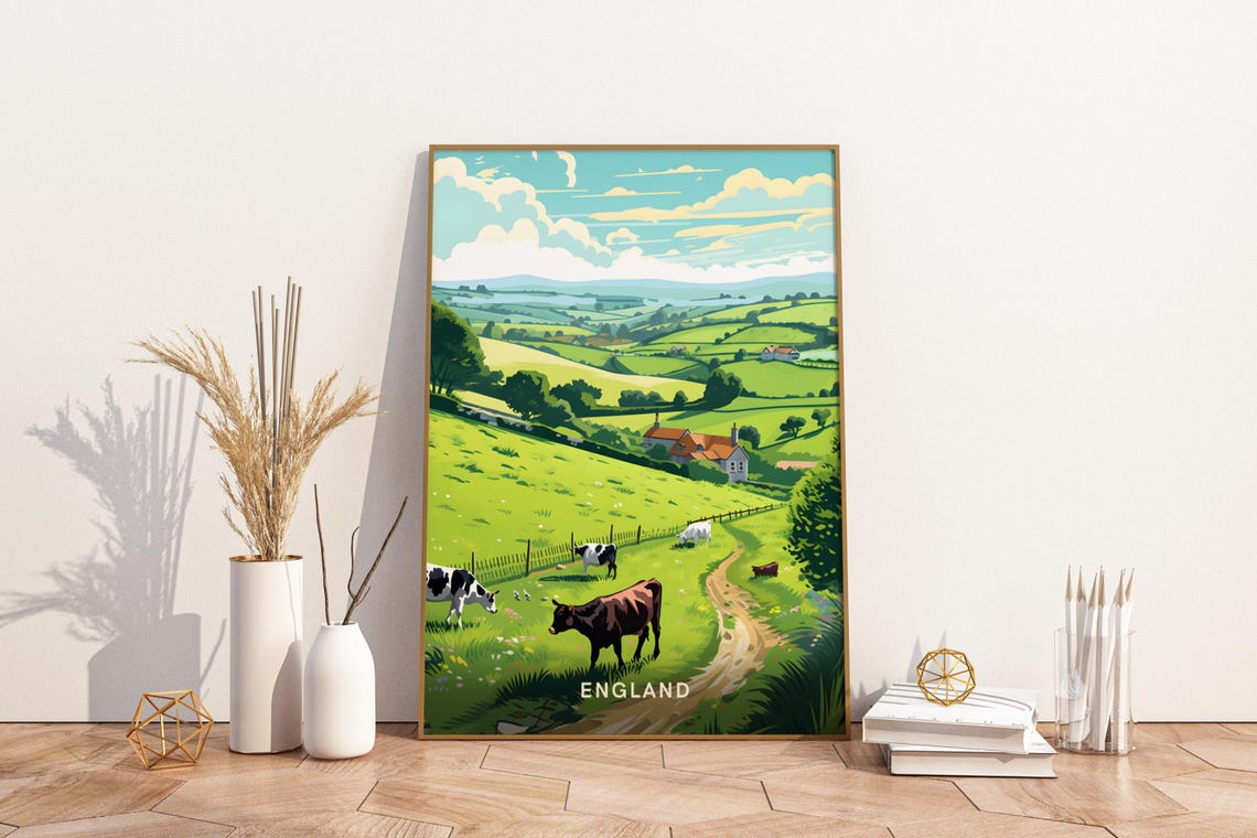 England Rolling Countryside Cows Farm Vintage Travel Poster Decor
