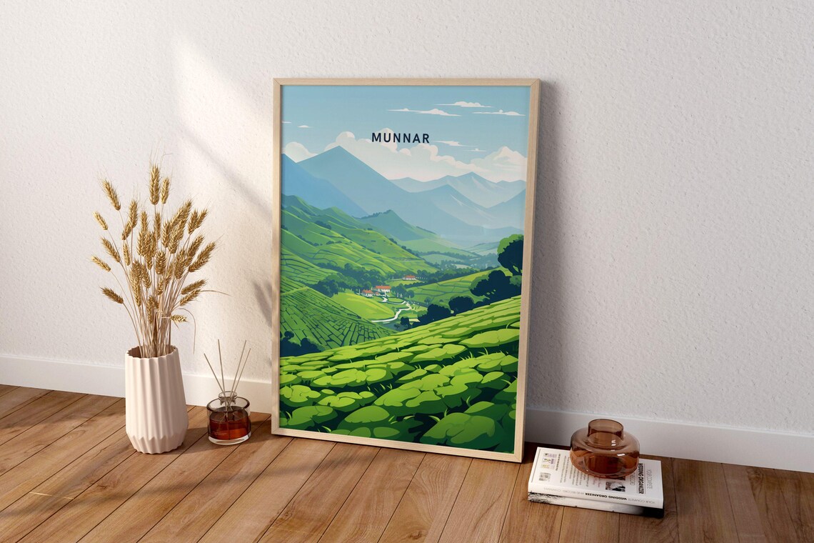 Munnar India Tea Plantation Rolling Green Hills Valley Travel Poster