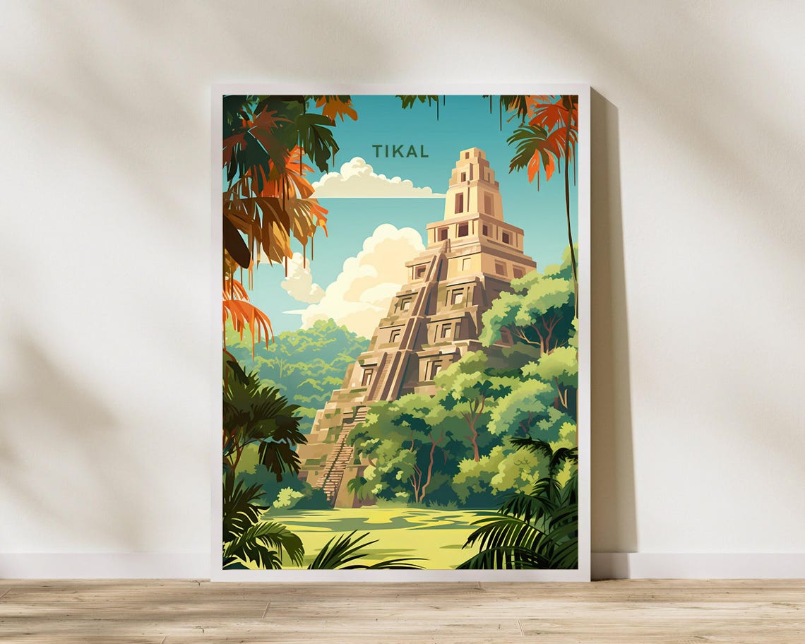 Tikal Guatemala Ancient Maya Temple Jungle Illustration Poster