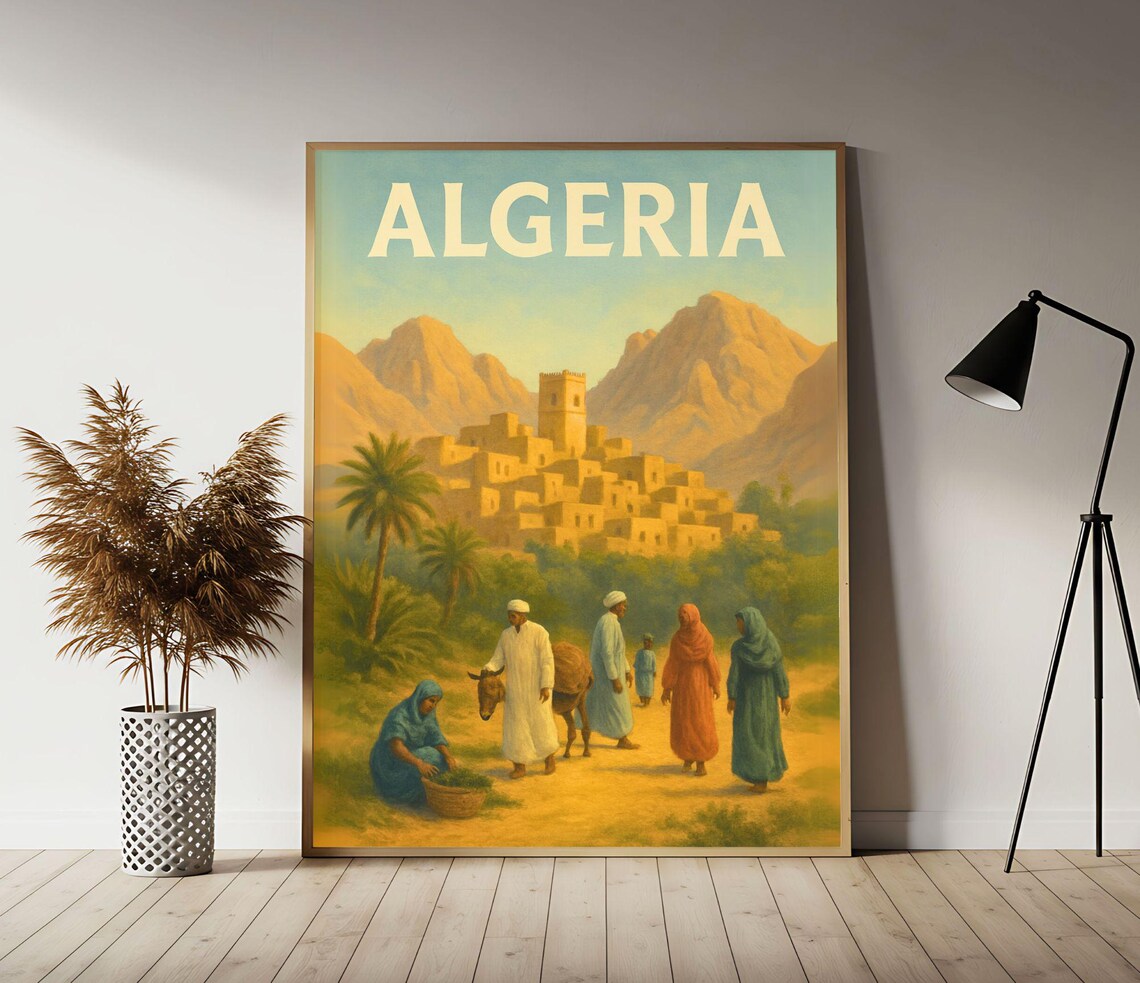 Algeria Desert Village Kasbah Mountains Oasis Vintage Travel Poster