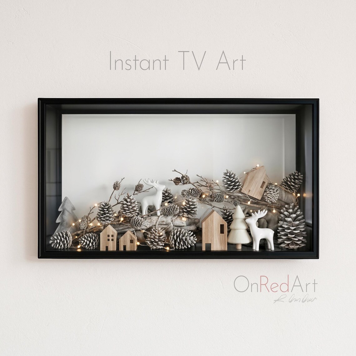 White Pinecone Christmas Wooden Houses Deer Scandinavian Art Print