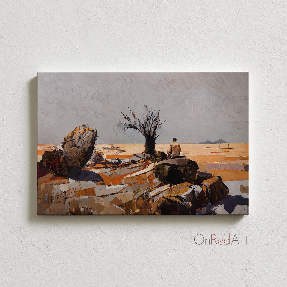 Solitary Figure Desert Rocks Contemplative Warm Landscape Poster