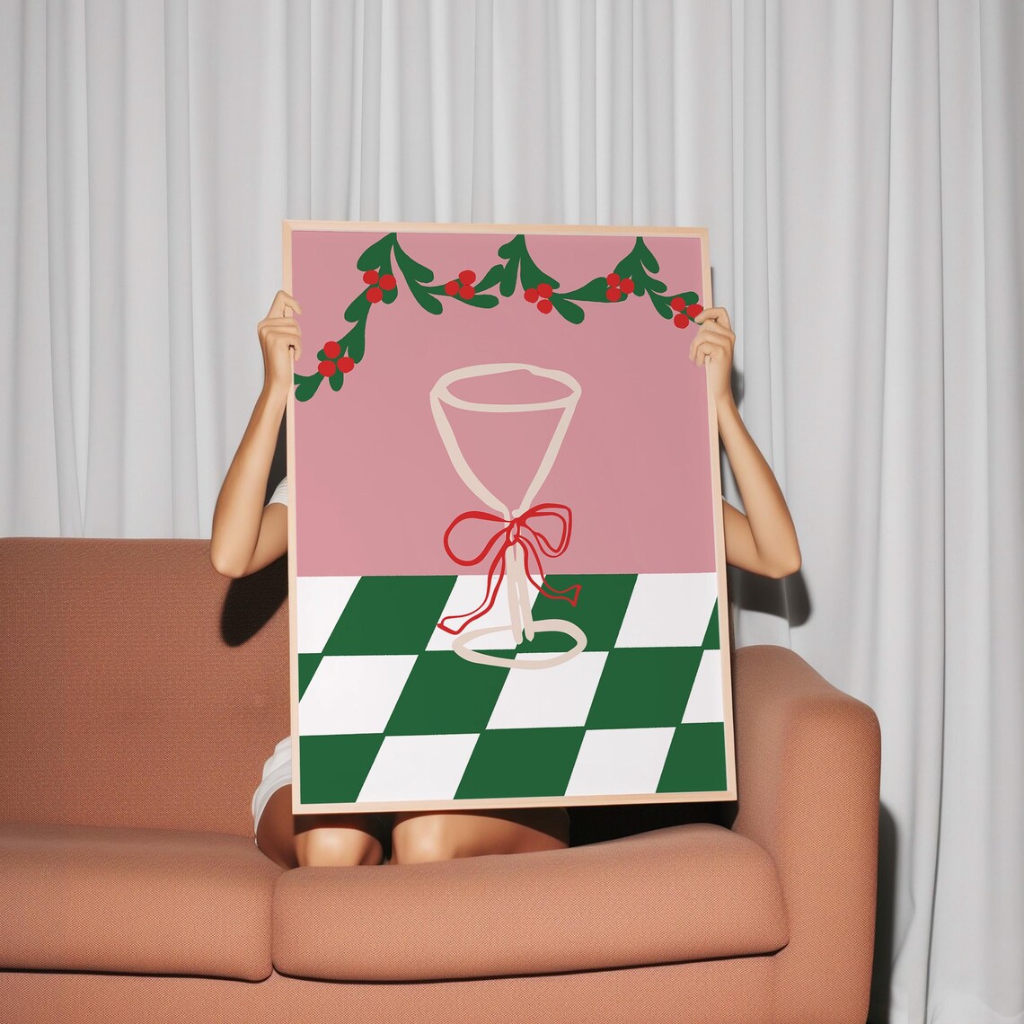 Pink Christmas Cocktail Glass with Bow Retro Holiday Party Poster