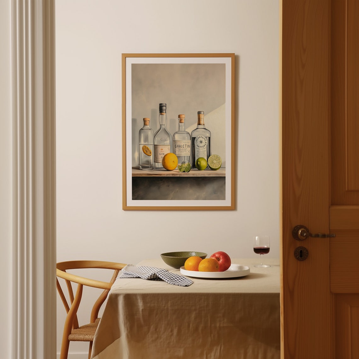 Gin Bottle Collection with Citrus Fruit on a Wooden Bar Shelf Poster - Image 4