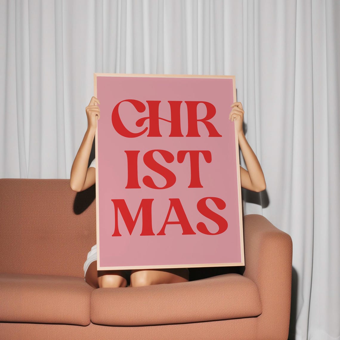 Red Christmas Typography Poster Bold Retro Serif On Pink Background - Image 4