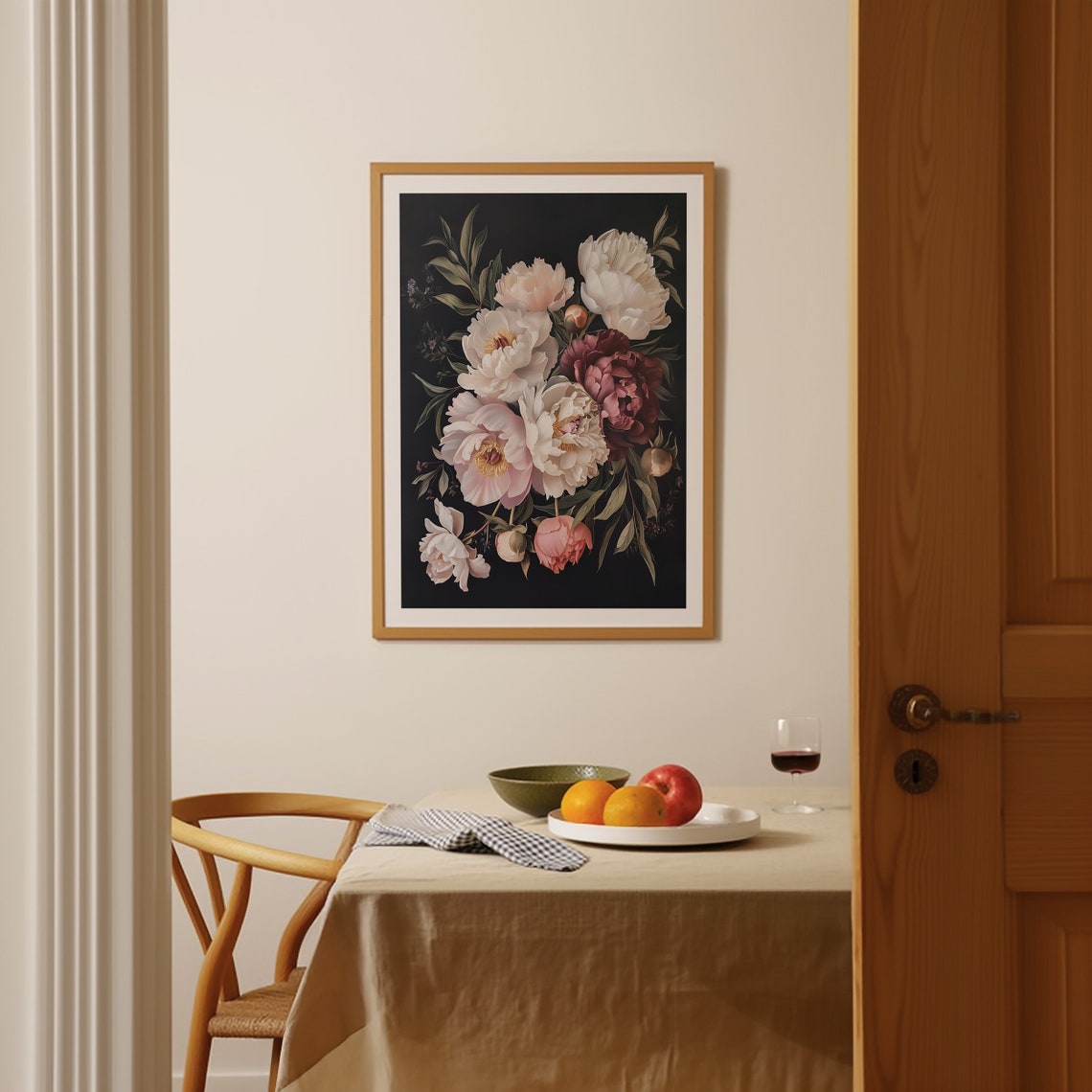 White Blush and Burgundy Peonies Moody Dark Floral Bouquet Poster - Image 4