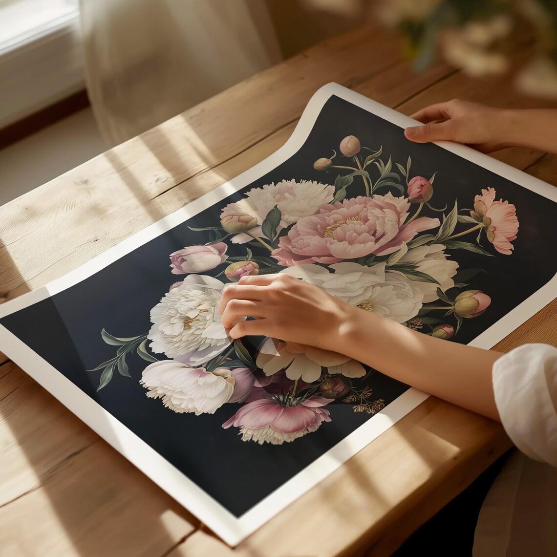 Pink and White Peonies Bouquet on Black Moody Floral Still Life Poster - Image 4