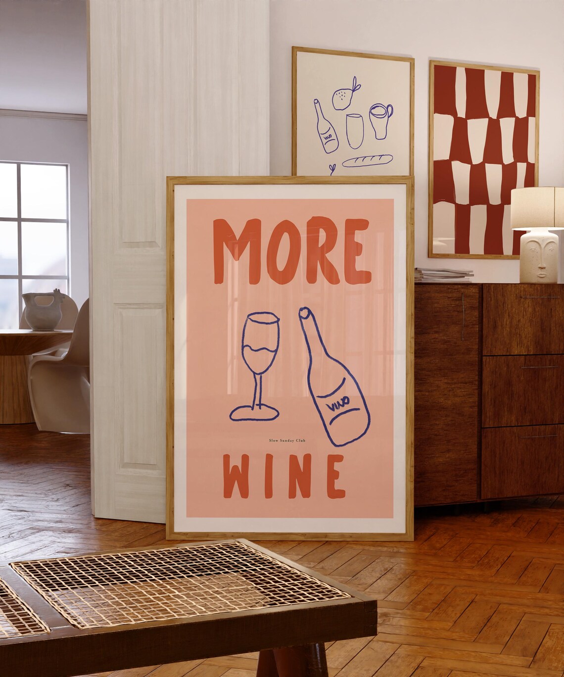 More Wine Playful Peach Typography With Wine Glass And Bottle Poster