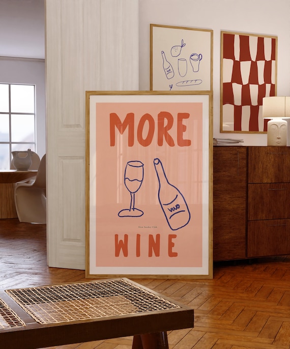 More Wine Playful Peach Typography With Wine Glass And Bottle Poster