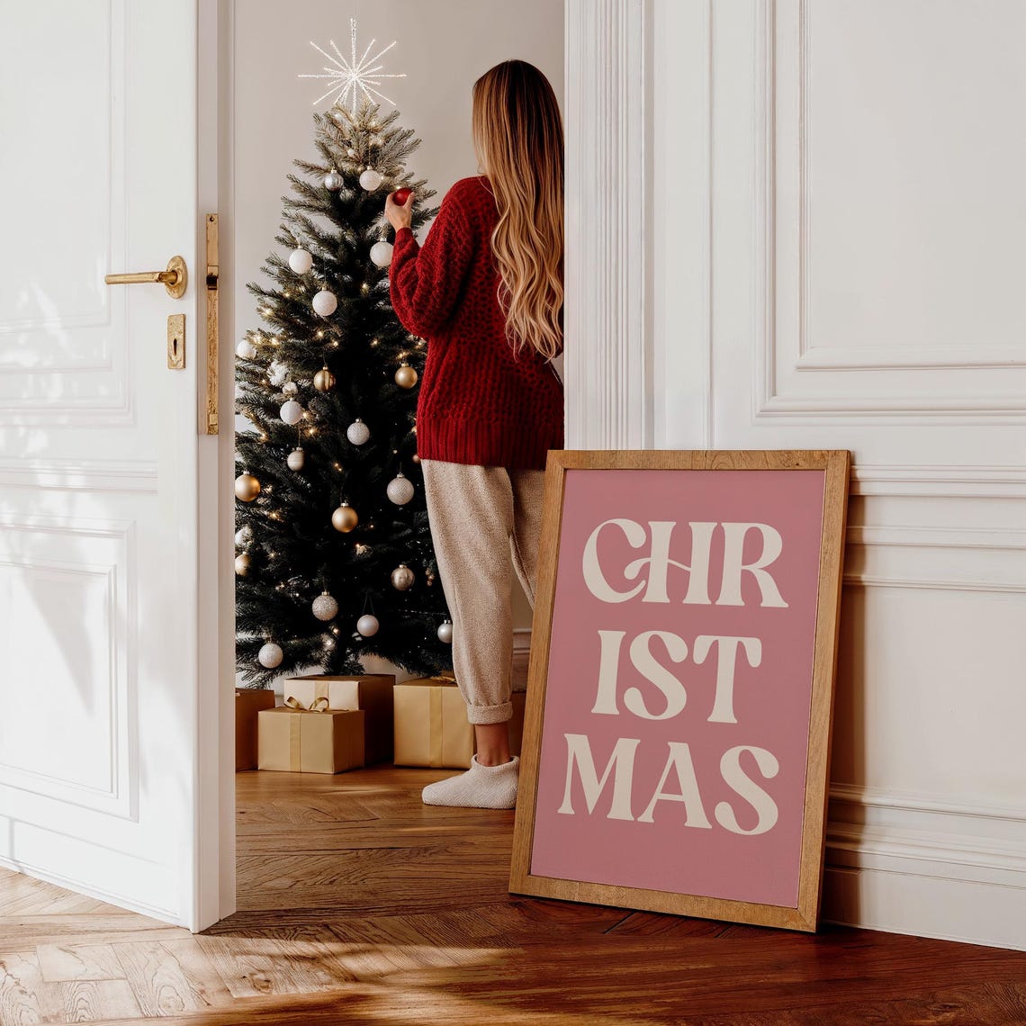 Pink Christmas Typography Poster With Cream Retro Block Letters - Image 3