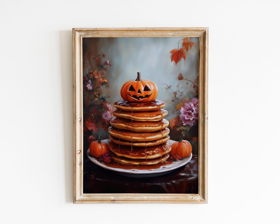 Tall Pancake Stack With Syrup And Jack O Lantern Halloween Art Poster